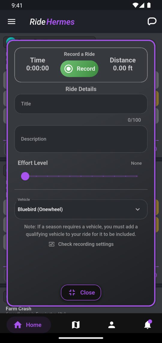 Ride details, with Check recording settings at the bottom
