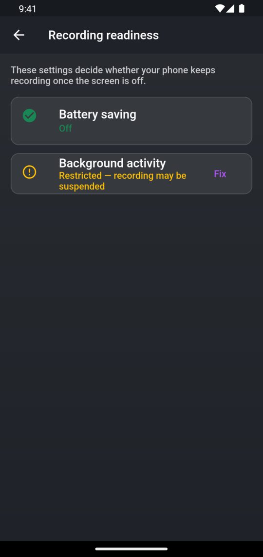Recording readiness on an Android phone