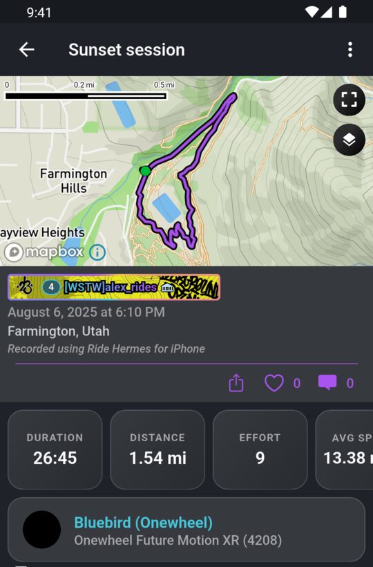 A ride page in the app