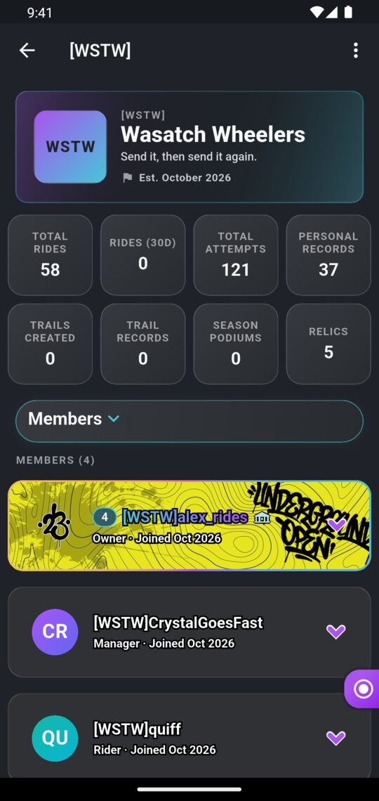 A squad page in the app