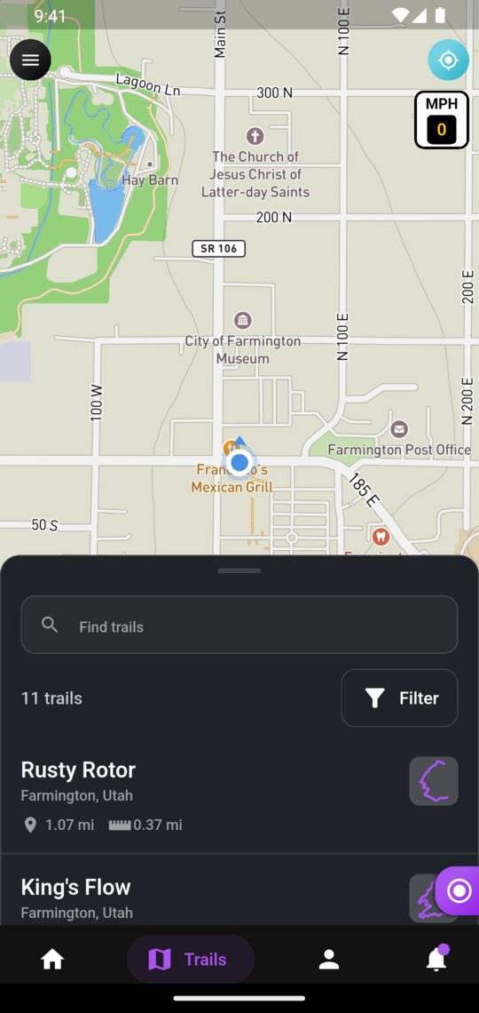 The Trails tab, with nearby trails in the sheet