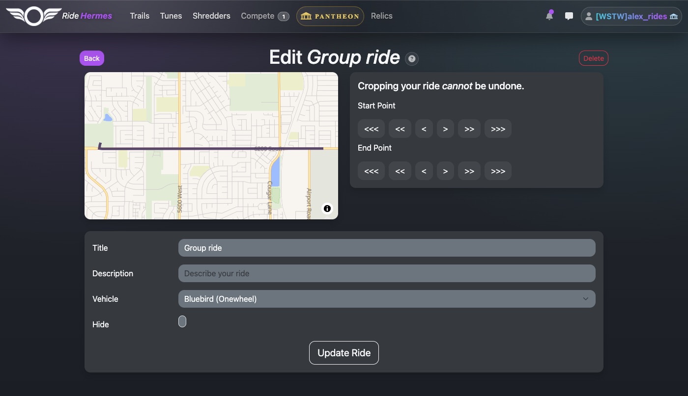 Editing a ride on the website, with the crop controls